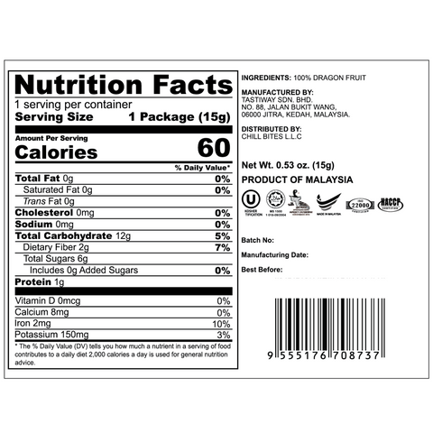 ALOR Freeze Dried Dragonfruit, 15g (6 or 12 packs)